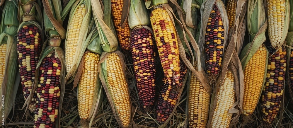 Poster fresh corn cobs on a colorful background. with copy space image. place for adding text or design