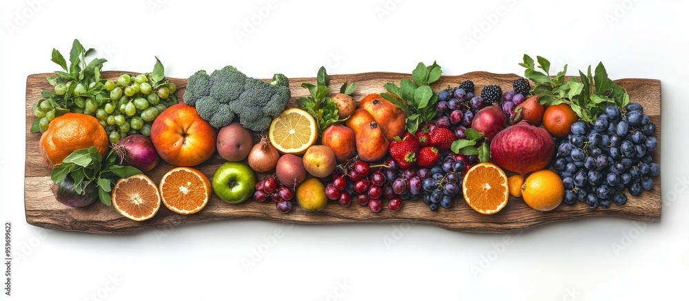 Leinwandbilder wooden board featuring a variety of colorful fruits and vegetables against a white background. with 