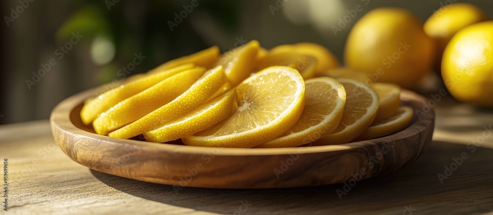 Aufkleber Stack of sliced citrus fruits Lemons On a wooden plate. with copy space image. Place for adding text or design