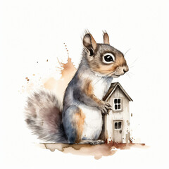 Obraz premium Baby Eichhörnchen spielt und lebt in kleinem Puppenhaus