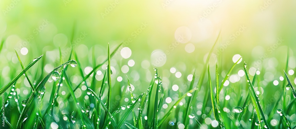 Poster close up clear image of green grass adorned with dew drops. with copy space image. place for adding 