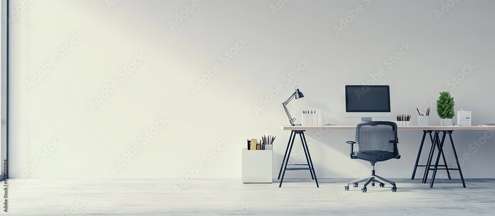 Poster contemporary office space featuring desks and chairs with plain white walls and office supplies. wit