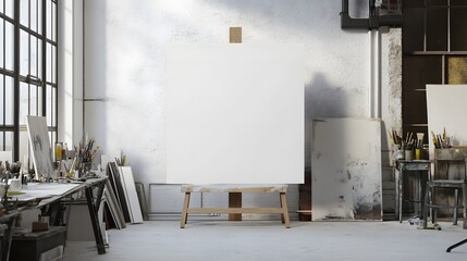 A spacious, bright art studio featuring a blank canvas on an easel surrounded by painting supplies and textured walls, ideal for creativity and inspiration. 