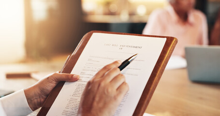 Hands, contract and person in office with lawyer for advice, planning or signature on death policy...