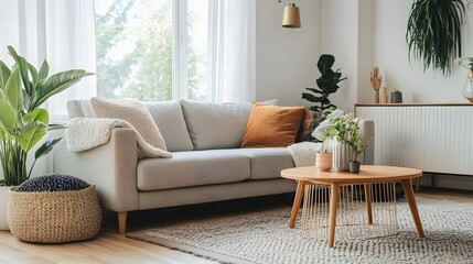 A cozy and inviting living room featuring a comfortable sofa, stylish coffee table, and decorative plants that create a warm atmosphere. 