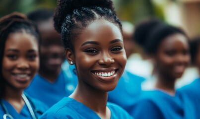 A group of african american female student nurses smiling, wearing blue scrubs, at the hospital  