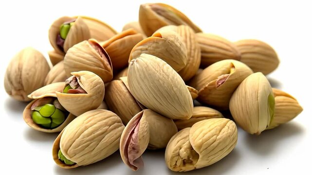Pile of fresh pistachios on a white background, close-up view. Nutritious snack and healthy eating concept