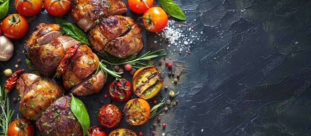 Aufkleber Tomatoes filled with a mixture of pork beef and chicken serve as a second course in a baked vegetable dish making it a meal or snack on the table Copyspace food background rustic top view