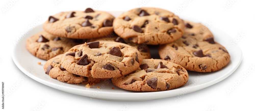 Poster Chocolate chip cookies on a plate isolated against a white background. with copy space image. Place for adding text or design