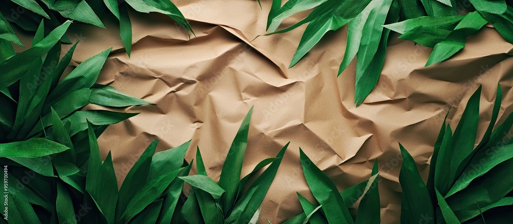 Aufkleber Creative backdrop made from craft paper on green natural grass The idea of ecological products and nature. with copy space image. Place for adding text or design