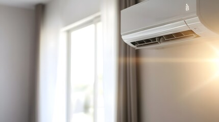 A modern air conditioning unit is installed on the wall of a bright and airy room, emitting a warm glow from sunlight streaming through the window, creating a comfortable and inviting atmosphere. 