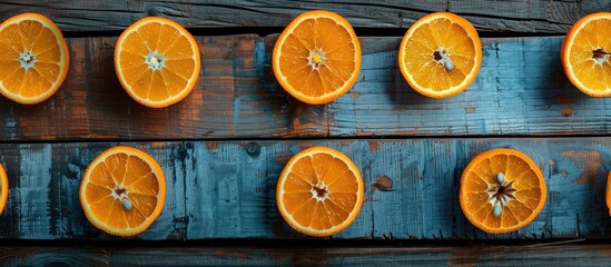 Halves of oranges on wooden boards Juicy orange halves suitable for juice preparation on a wooden table Copyspace