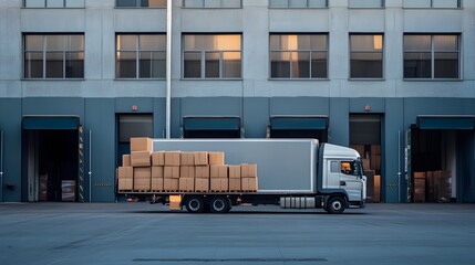 A delivery truck loaded with cargo boxes is parked outside a warehouse, showcasing efficient logistics and transportation solutions. 