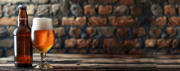 glass of beer with bottle on brick wall background, pub or brewery wallpaper, Oktoberfest banner, international world beer day, drink bar time, copy space