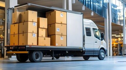 A delivery van loaded with neatly stacked cardboard boxes stands in a modern warehouse setting, ready for shipment. 