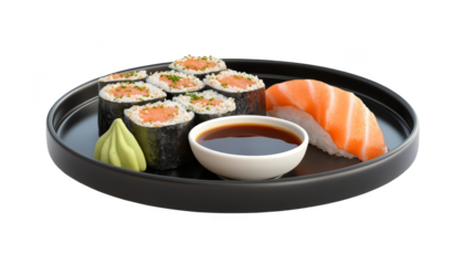Delicious Salmon Sushi Rolls with Wasabi and Soy Sauce on Black Plate