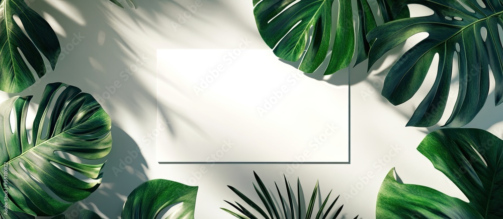 Poster tropical monstera palm leaf shadow featuring a blank white card frame. with copy space image. place 