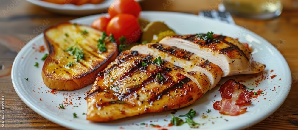 Poster a plate featuring sliced grilled chicken breasts accompanied by vegetables toast and bacon copy spac