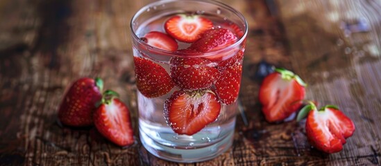 Glass of infused water with strawberries on a wooden surface. with copy space image. Place for adding text or design