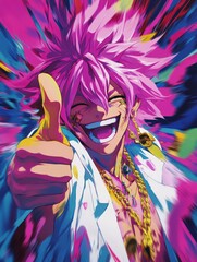 Smiling Anime Character With Pink Hair and a White Shirt.