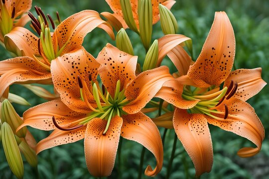 Orange tiger lilies with spotted petals and long curved stamens, Ai Generated