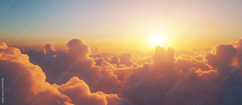 Poster The clouds at evening dusk were lit by the warm glow of the setting sun generating a tranquil and serene atmosphere. with copy space image. Place for adding text or design
