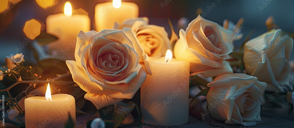 Poster Lovely beige roses and a lit candle. with copy space image. Place for adding text or design