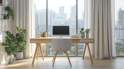 Scandinavian inspired home office design with bright natural light and city backdrop. 3D Rendering