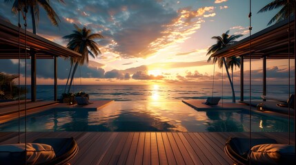 Fototapeta premium A high-resolution, photorealistic rendering of a wooden terrace with suspended sofa chairs on both sides of a pool.