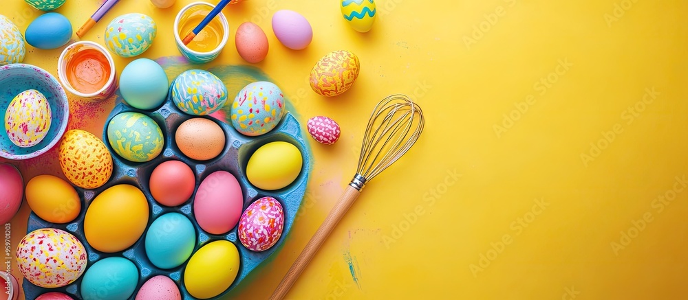 Aufkleber the activity of dyeing eggs for easter a small white bowl containing paint and a whisk a yellow egg 