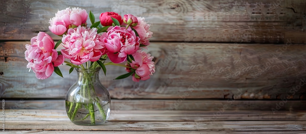Poster A lovely arrangement of peonies in a vase on a wooden surface featuring a rustic wallpaper theme with space for text. with copy space image. Place for adding text or design
