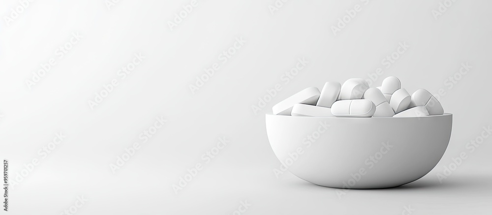 Poster white tablets in a container on a white background. with copy space image. Place for adding text or design