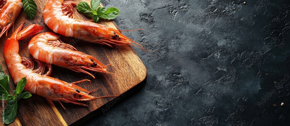 Poster Fresh prawns cleaned on a cutting board Raw shrimp are nutritious seafood. with copy space image. Place for adding text or design