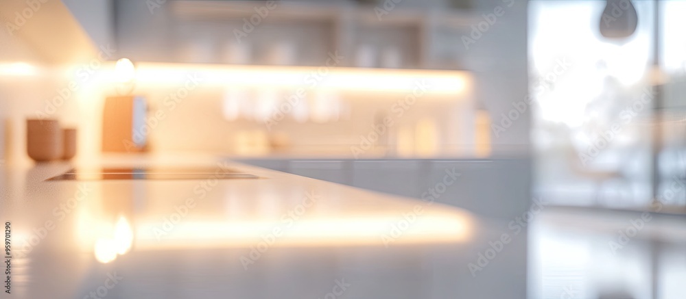 Aufkleber Abstract blurred image of a kitchen with soft lighting for background use Blurred interior background concept in white tones. with copy space image. Place for adding text or design