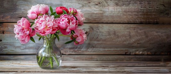 A lovely arrangement of peonies in a vase on a wooden surface featuring a rustic wallpaper theme with space for text. with copy space image. Place for adding text or design