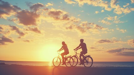 Fototapeta premium Couple biking along the beach at sunset, enjoying the vibrant colors and serene atmosphere on a warm evening