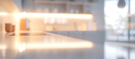 Fototapeta premium Abstract blurred image of a kitchen with soft lighting for background use Blurred interior background concept in white tones. with copy space image. Place for adding text or design