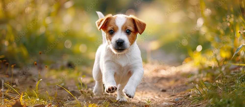Leinwandbilder Selective focus on a joyful large light puppy during a walk in a green park a mix of different breeds. with copy space image. Place for adding text or design