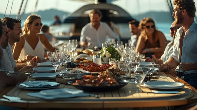 A lively outdoor dining scene on a luxury yacht featuring a diverse group of people enjoying seafood and drinks under a sunny sky. 