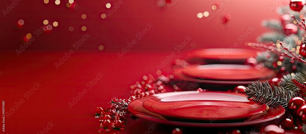 Poster Several red plates are arranged on a red tablecloth accompanied by Christmas tree branches on the table Christmas concert. with copy space image. Place for adding text or design