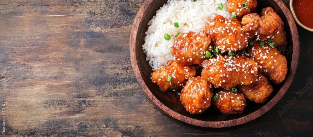 Aufkleber deep fried chicken served with rice. with copy space image. Place for adding text or design