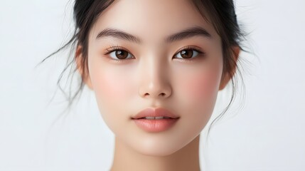 Naklejka premium A close-up portrait of a young woman's face showcasing natural beauty and soft features, with minimal makeup and a serene expression. 