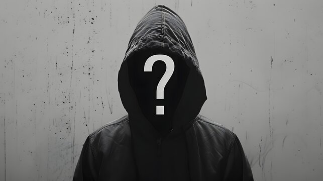 A mysterious figure in a dark hoodie against a textured background, with their face obscured by a question mark, conveying themes of anonymity and intrigue.