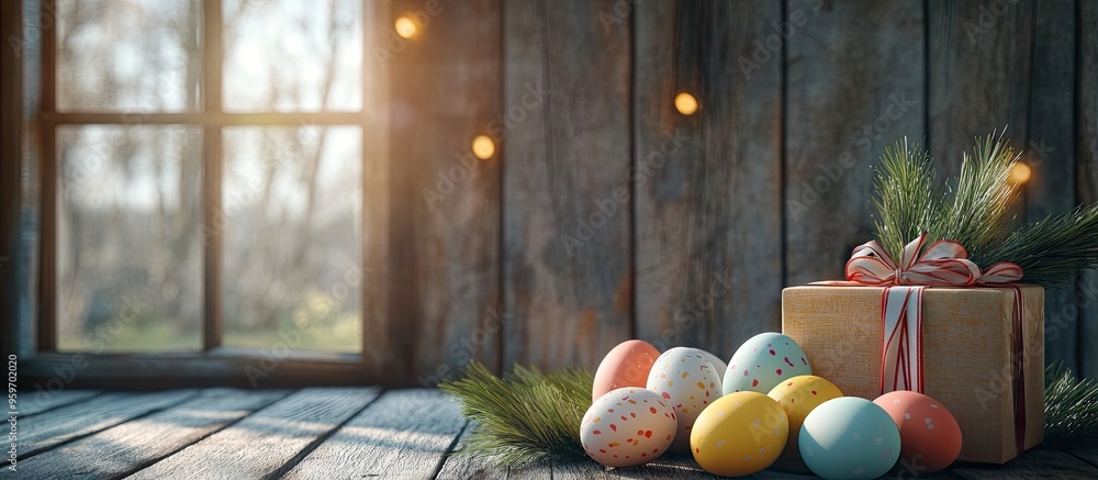 Aufkleber easter greeting card featuring colorful easter eggs and a gift box in front of a wooden wall providi