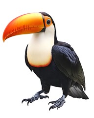 Naklejka premium A vibrant toucan with a striking orange and yellow beak stands confidently against a clean white background, ideal for wildlife and nature-themed projects. 