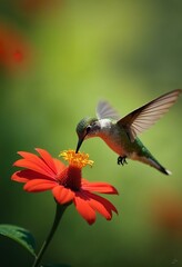 Naklejka premium Hummingbird Feeding on Red Flower. Hummingbird in flight, sipping nectar from a vibrant flower. Nature, wildlife, and pollination.