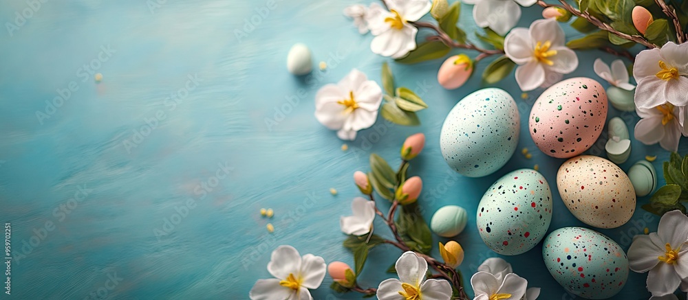 Poster Easter background featuring Easter eggs and spring flowers. with copy space image. Place for adding text or design