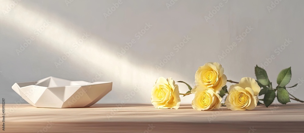 Aufkleber Attractive display for a product White geometric shapes and yellow roses on a wooden table set against a light grey backdrop with space for text. with copy space image