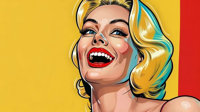 Vibrant pop art illustration of a smiling woman with blonde hair, showcasing bold colors and playful textures in cartoon style.