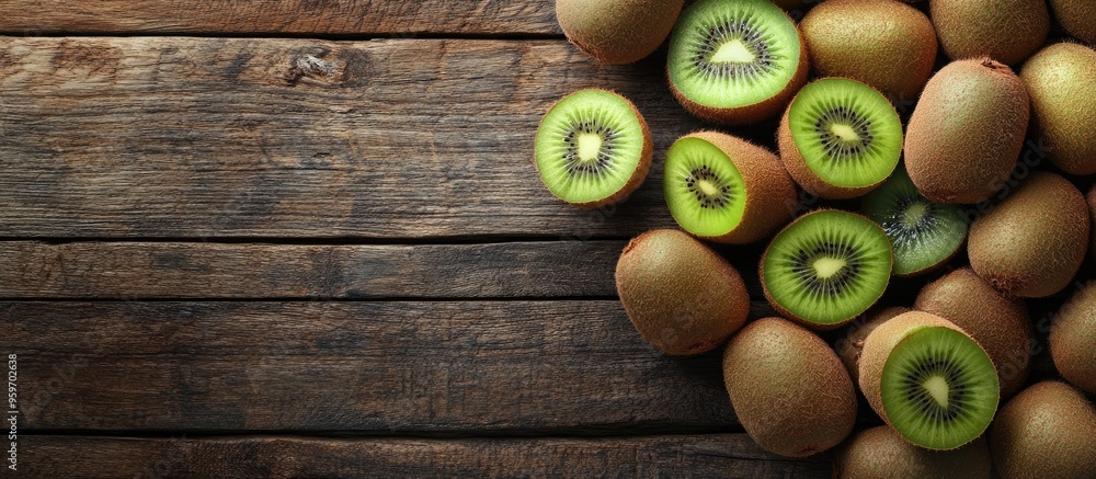 Poster A pile of whole and sliced fresh kiwis on a wooden table viewed from above Room for text. with copy space image. Place for adding text or design